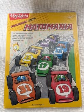 Highlights Mathmania Puzzle Book - Yellow Cover with Colorful Racecars